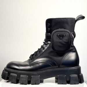 Prada Monolith Brushed Leather Re-Nylon Boots with Pouch Size 11